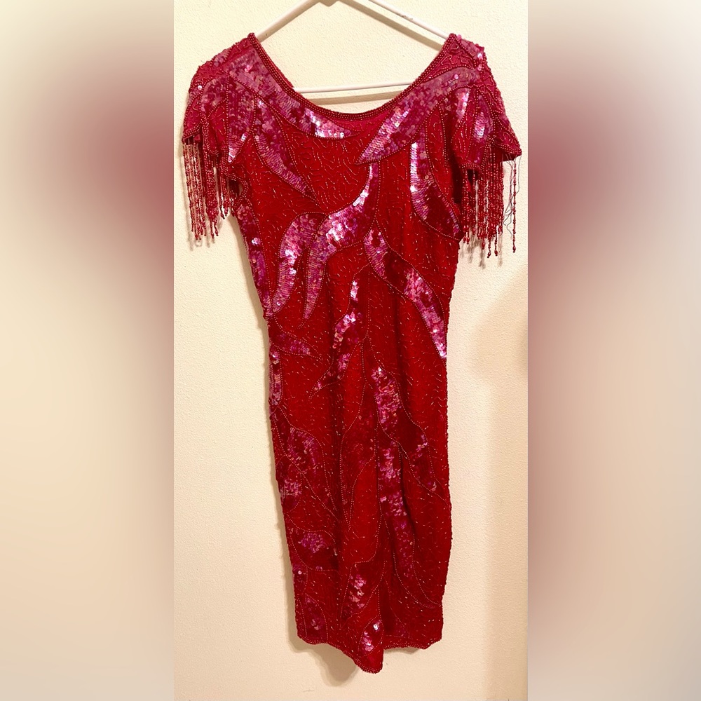 Lawrence Kazar Cocktail Beaded Red Dress